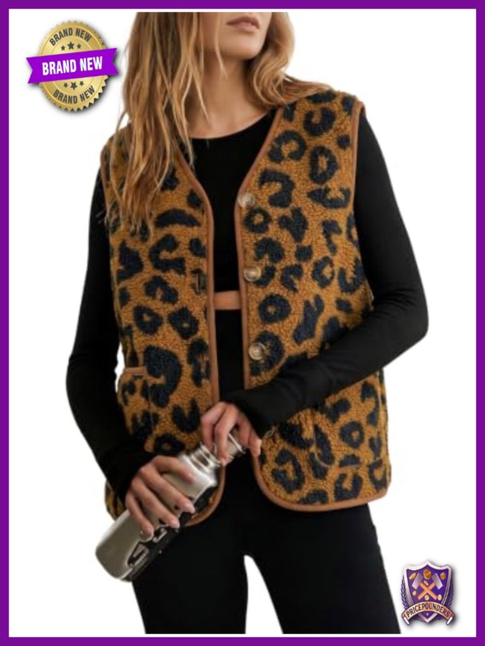 Leopard Print Fleece Sherpa Vest Sleeveless V Neck Button Front